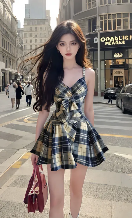 夏季新款别致设计感格子V领吊带收腰连衣裙女小众时尚气质显瘦潮