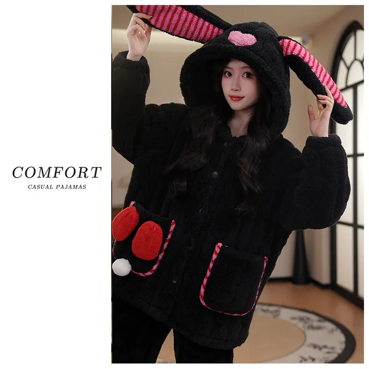 【超厚专柜正版】三层夹棉女睡衣保暖加绒加厚休闲家居服套装可外穿
