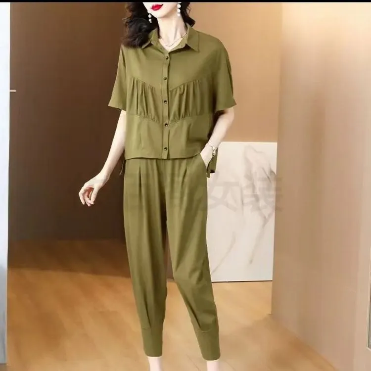 休闲时尚夏季新款妈妈装套装气质显瘦休闲遮肚宽松洋气短袖两件套