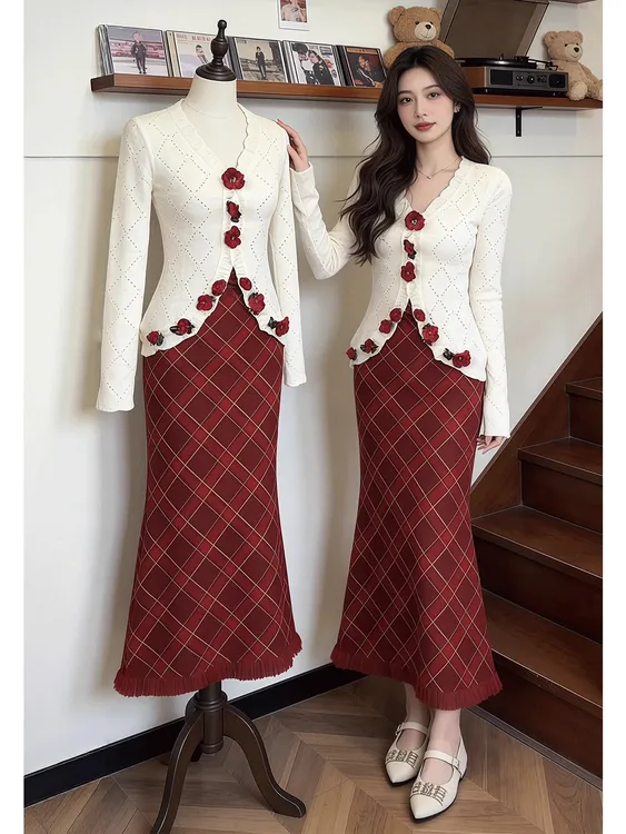 韩系温柔立体花朵针织开衫女春季新款收腰显瘦毛衣半身裙两件套装