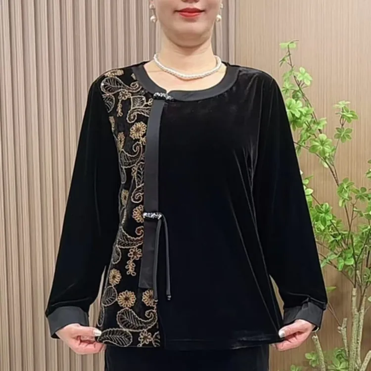 8722妈妈秋冬气质小衫新款中老年女装圆领大码宽松丝绒打底衫