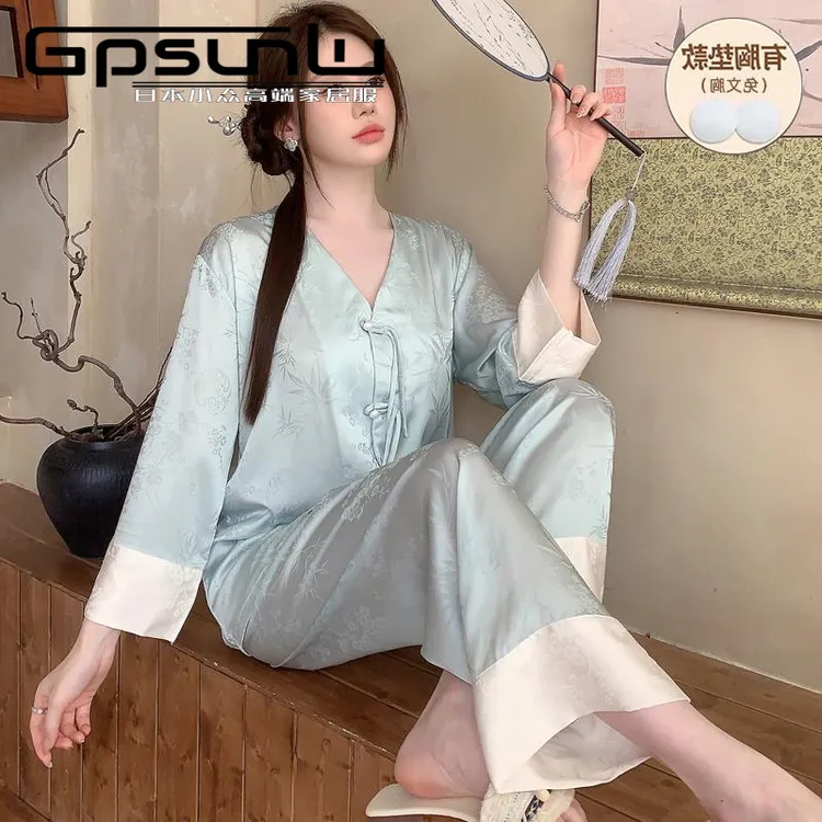 gpsunlu冰丝睡衣女春秋带胸垫高级感长袖新中式绸套装国风可外穿