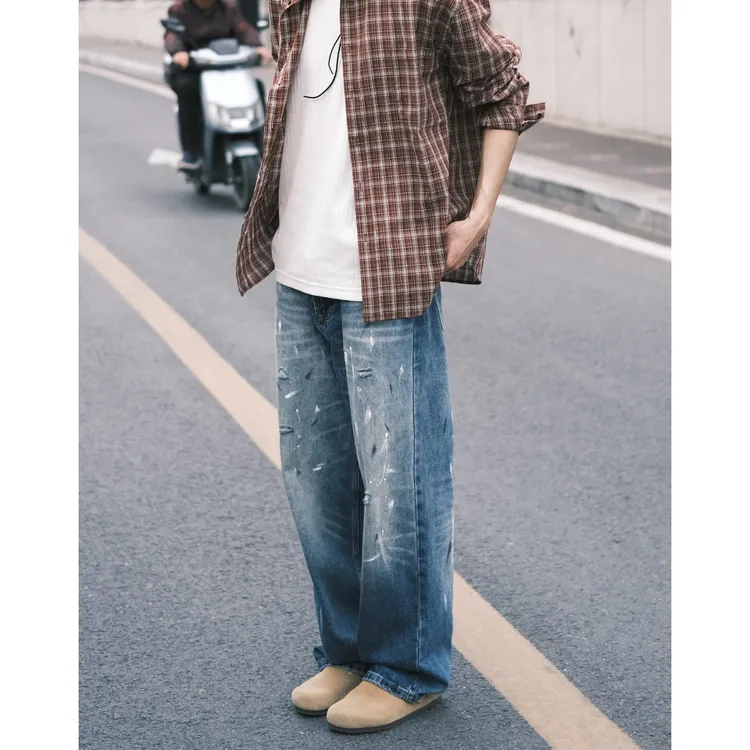 Ctc船头尺美式复古水洗泼墨牛仔裤宽松休闲阔腿垂感直筒拖地裤