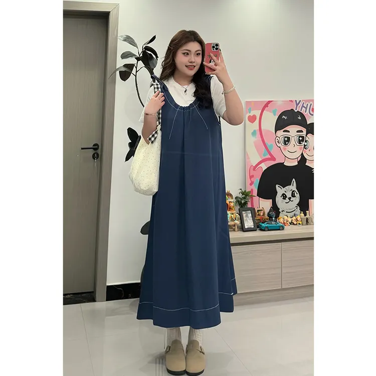 大码吊带无袖连衣裙女夏季宽松显瘦遮肉休闲T恤长裙两件套5815#