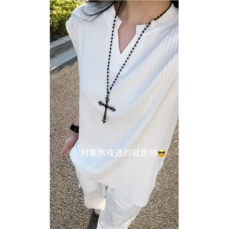 白色v领无袖背心男夏季薄款肌理感冰丝短袖小袖口速干运动t恤汗衫