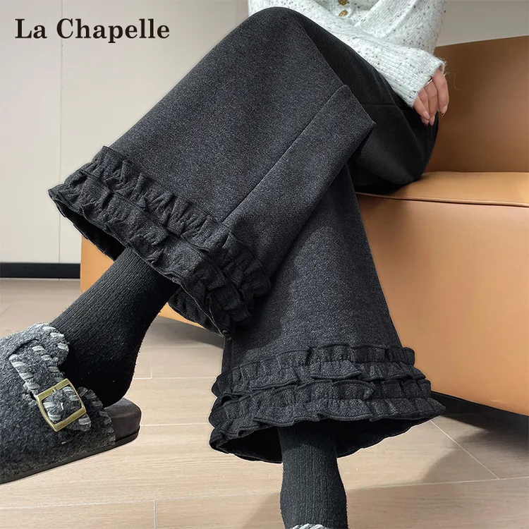 拉夏贝尔木耳花边毛呢西装裤女秋冬新款小个子九分高腰加厚阔腿裤