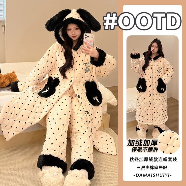 Nuodun/诺盾冬季三层夹棉睡袍甜美波点兔耳朵保暖连帽家居服外穿