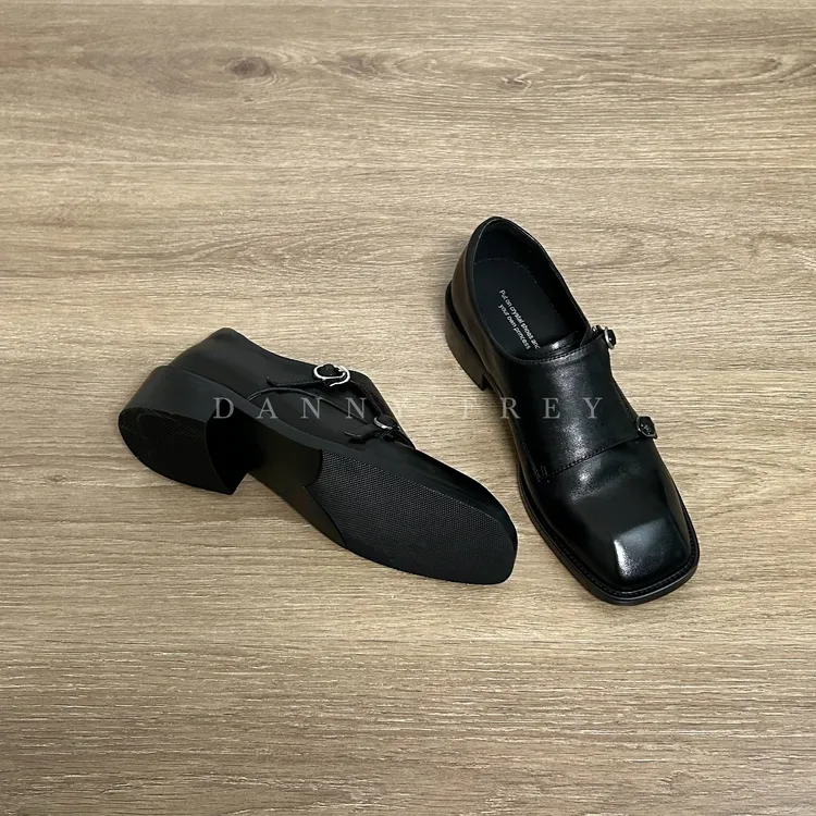 Dannyfrey复古学院风方头布洛克鞋女低跟一脚蹬通勤单鞋3.8CM