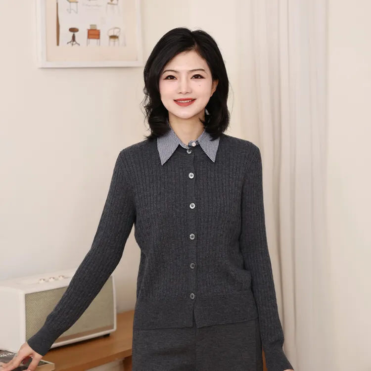 枫竺阿楠anan 洒脱自如 绵羊毛翻领假两件气质格纹拼接针织开衫女