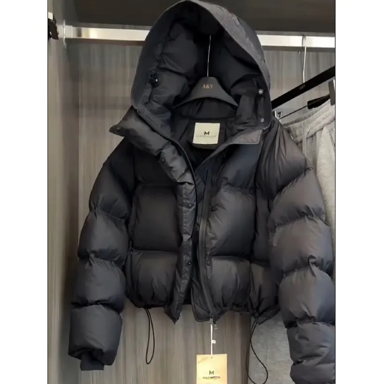 韩系时尚连帽黑色棉服女2025冬季新款加厚保暖百搭面包服棉衣外套