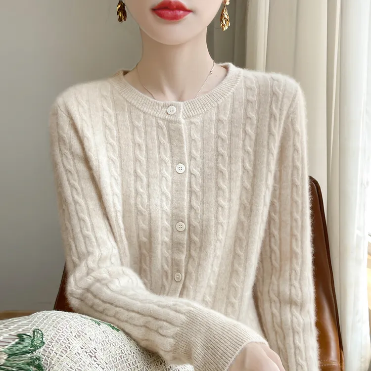 气质麻花针织开衫打底女圆领羊毛衫外套2025秋冬新款宽松大码上衣