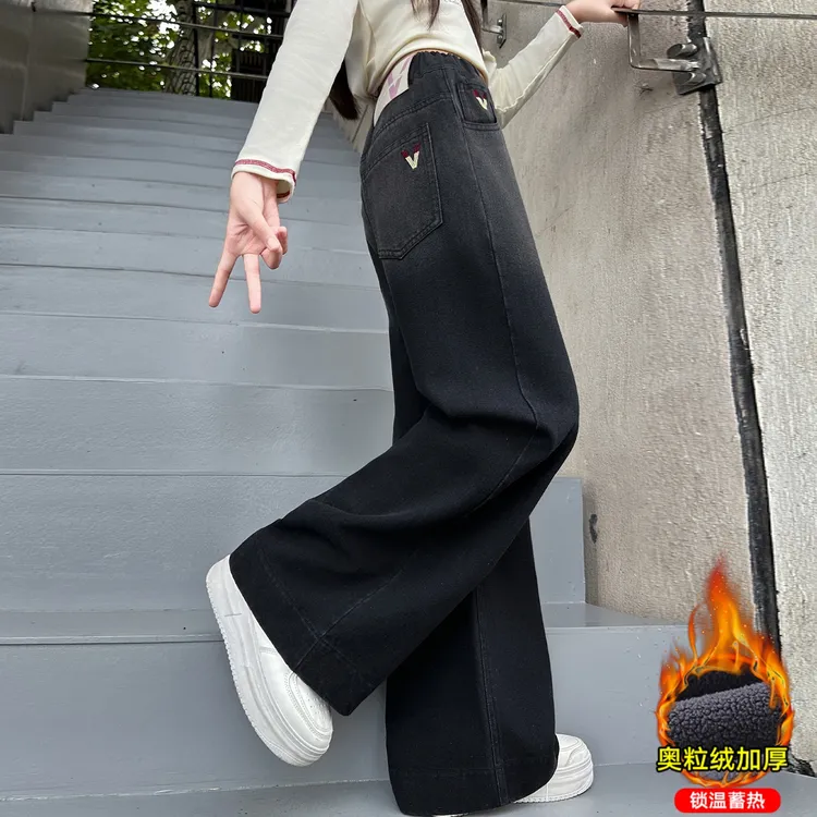女童加绒牛仔裤2025新款儿童秋冬洋气渐变阔腿裤女孩休闲加厚裤子