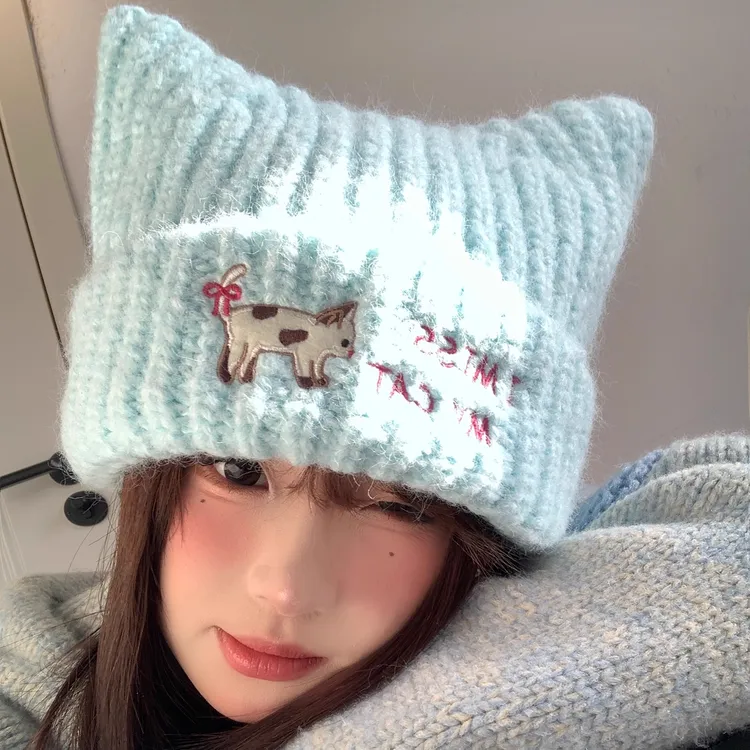 可爱猫咪耳朵蓝色毛线帽子女冬加厚保暖大头围显脸小护耳针织冷帽