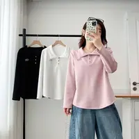 JIANAOBEN/简澳本微胖大码秋装新款宽松百搭翻领长袖打遮肚子上衣