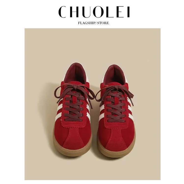 正品德训鞋女2025秋季新款红色复古百搭爆款网红运动黑色平底板鞋