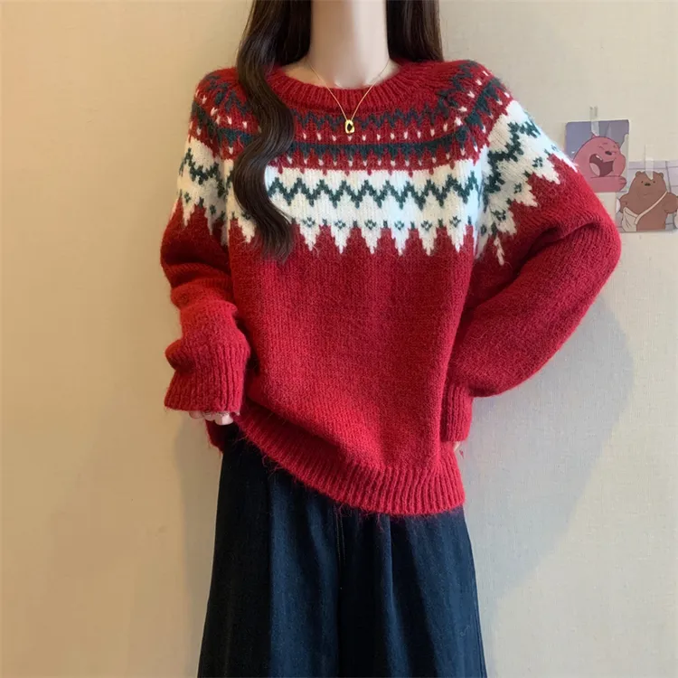 氛围感红色加厚毛衣2024秋冬新款复古宽松慵懒软糯针织衫