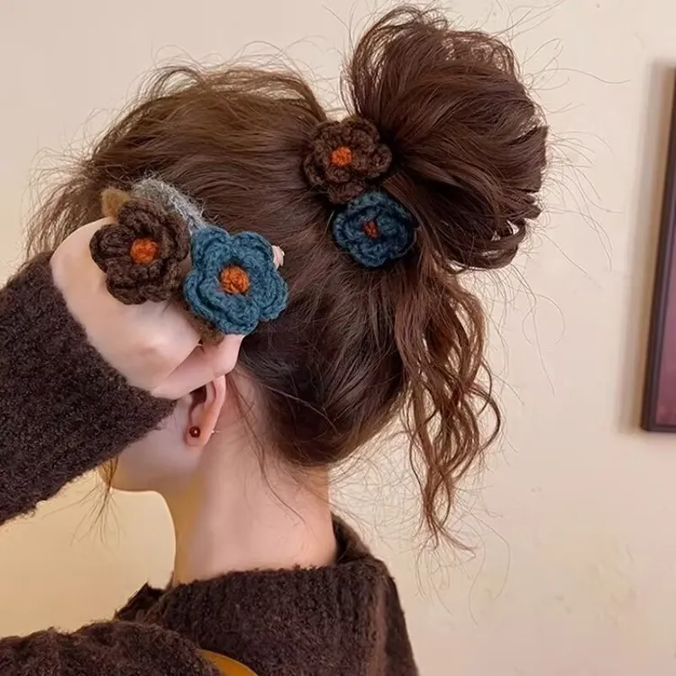精致花朵针织毛线发圈高级扎发新款百搭高弹力绑马尾皮筋发绳发饰