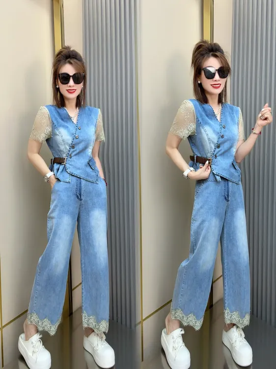 牛仔拼接蕾丝边马甲搭配阔腿裤两件套