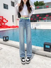 质感很好的牛仔裤直筒修身显瘦百搭浅蓝洗水微弹力法式中高腰3808