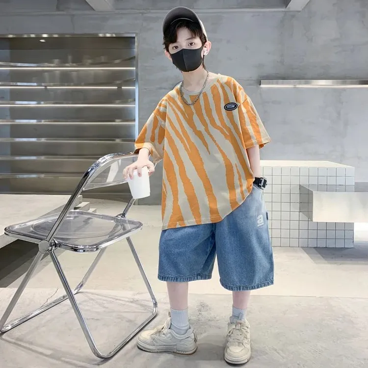 男童套装夏季薄款条纹两件套2025中大童休闲短裤短袖儿童夏装洋气