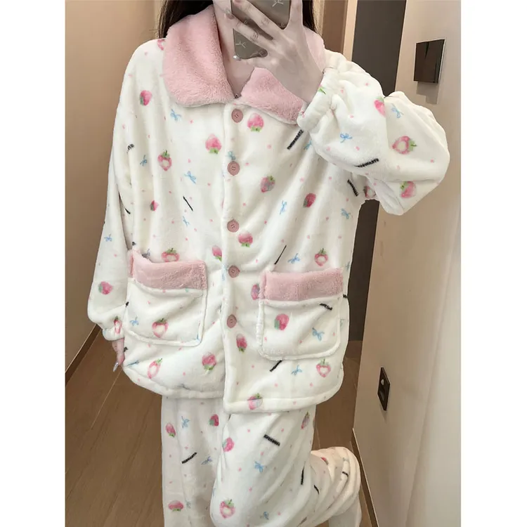 日系可爱法兰绒睡衣女款秋冬季新款加绒加厚保暖可外穿家居服套装