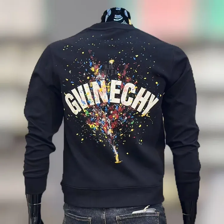 彩色印花男士圆领美式卫衣喷漆感长袖时尚青年修身短款休闲打底衫