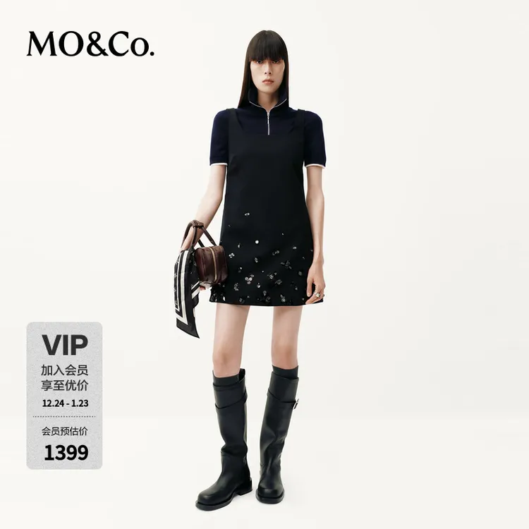 MOCO连衣裙2025冬新品高比例绵羊毛精纺手工钉珠花饰MBE4DRS015