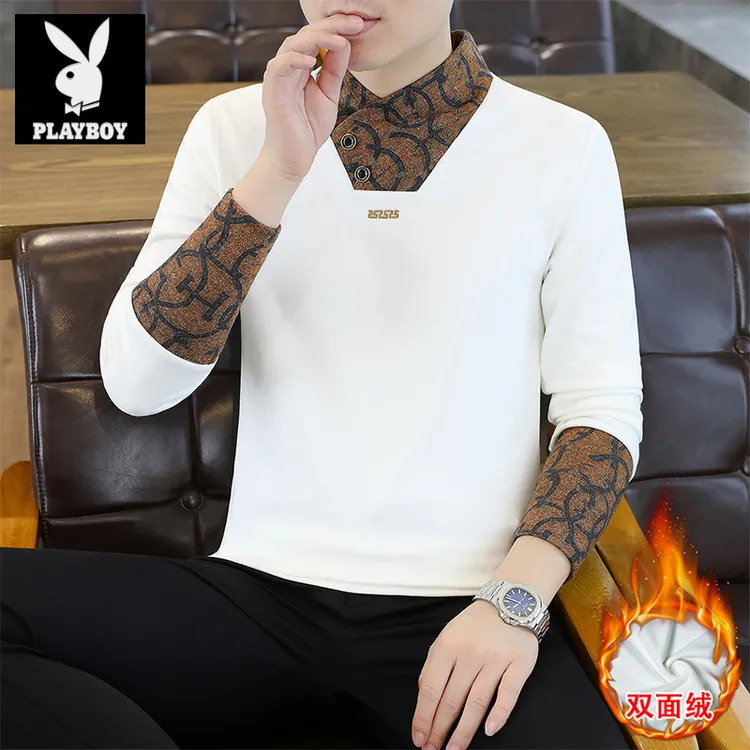 花花公子秋冬爆款卫衣专柜男士双面绒长袖立领加绒潮流半打底衫