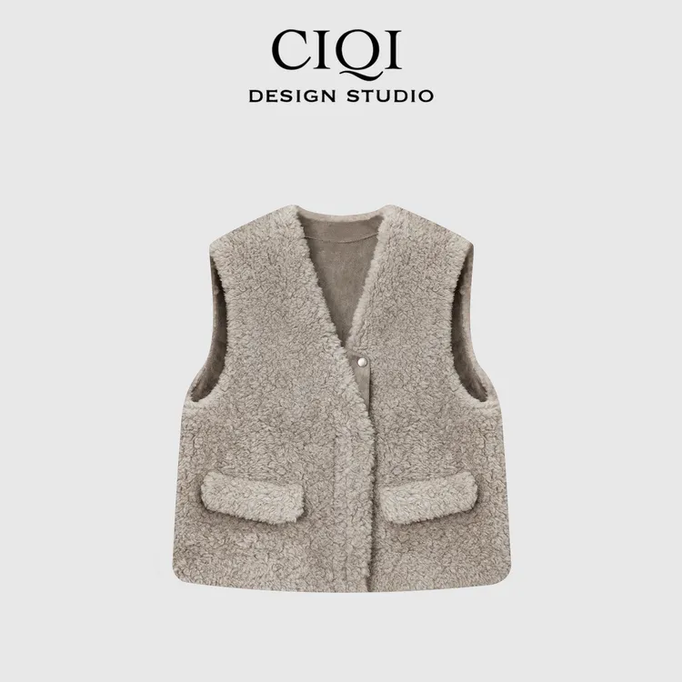 CIQI STUDIO【暖意环绕】100绵羊毛皮毛一体单排扣上衣马甲MyB53523