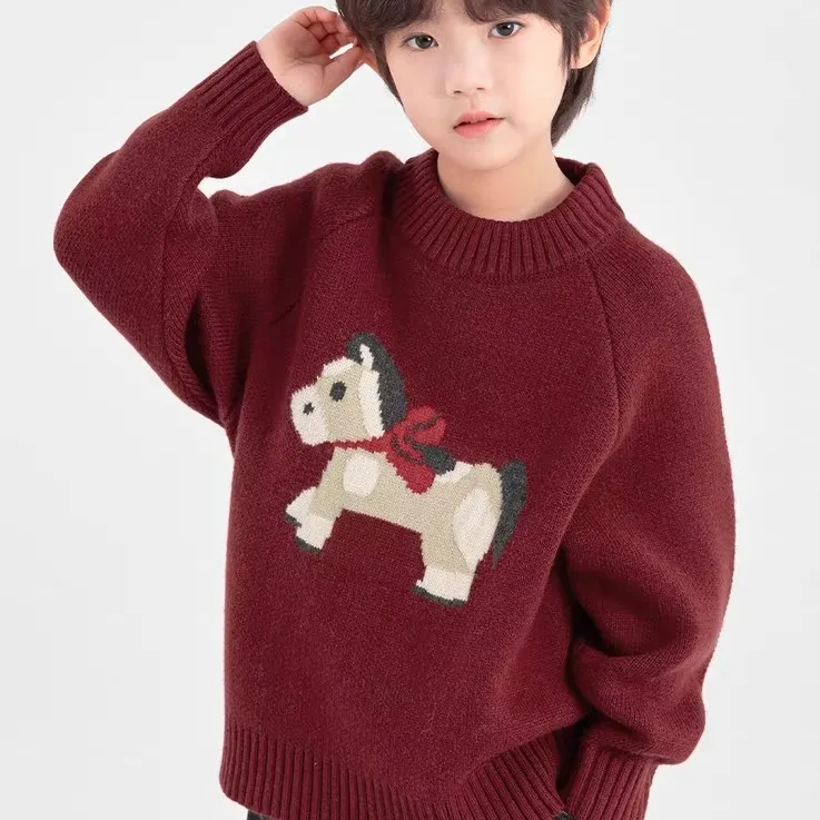 新年男童毛衣幸运小马2025冬新款中大童加厚保暖百搭女宝针织衫潮