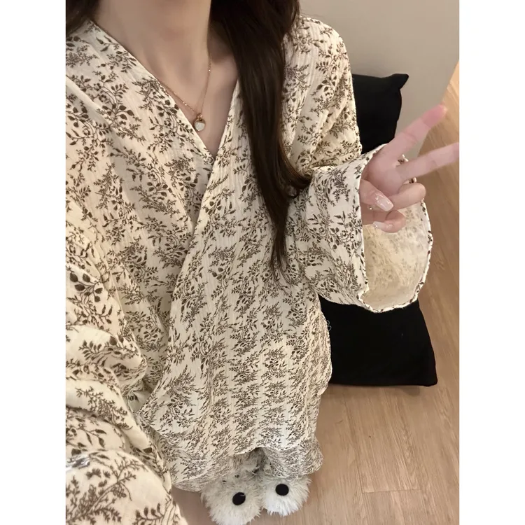 法式高级碎花棉纱睡衣女春秋季新款宽松长袖长裤可外穿家居服套装