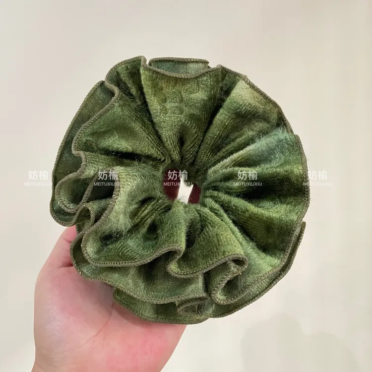 CQ029复古橄榄绿绒面大肠发圈秋冬ins女后脑勺丸子马尾发饰纯手工
