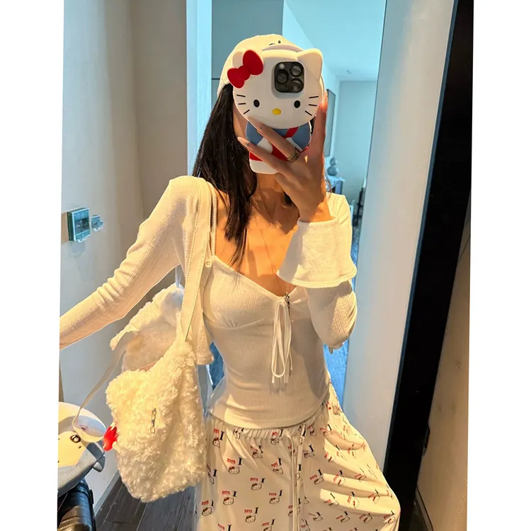 V领系带开衫吊带两件套+Kitty印花甜美百搭气质休闲裤C 9014#