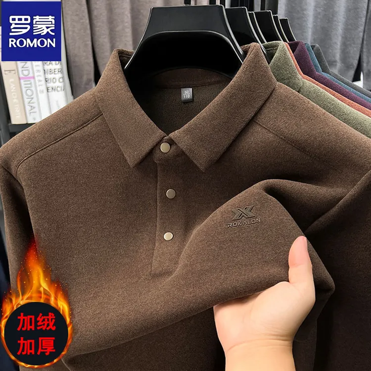 罗蒙德绒长袖t恤男士冬季加绒加厚商务翻领Polo衫中年保暖打底衫