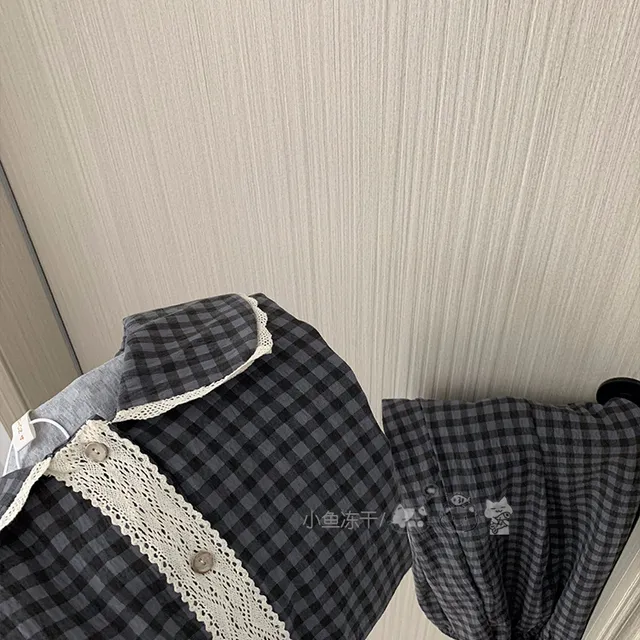 上海故事官方正品断码娃娃领格纹春秋套装长袖裤云棉出门家装2025