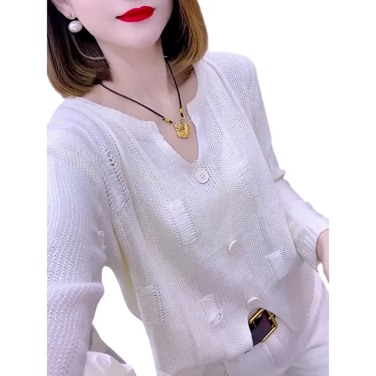 欧货简约气质镂空长袖针织衫女2025秋季新款宽松显瘦洋气百搭毛衣