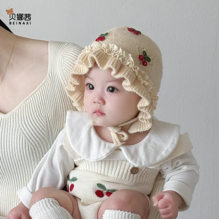 Beinaqian/贝娜茜婴儿帽子秋冬宝宝女婴幼儿公主毛线帽冬季护耳帽