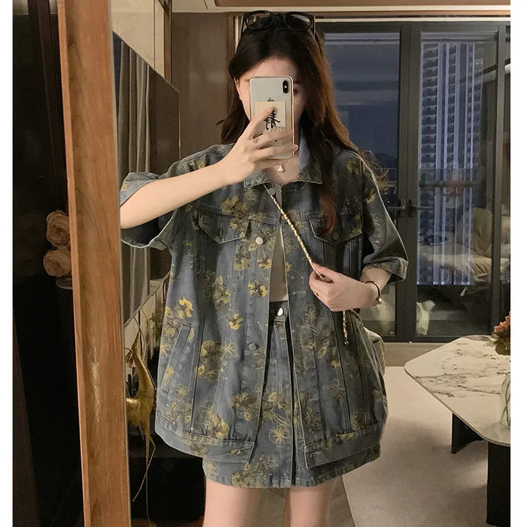 洋气碎花牛仔外套短裙两件套女夏季时尚牛仔短袖衬衣半身裙ins潮