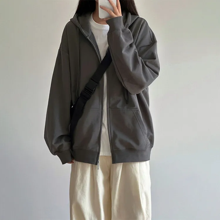 oversize大码灰色连帽外套女春秋宽松卫衣ins慵懒风开衫拉链上衣