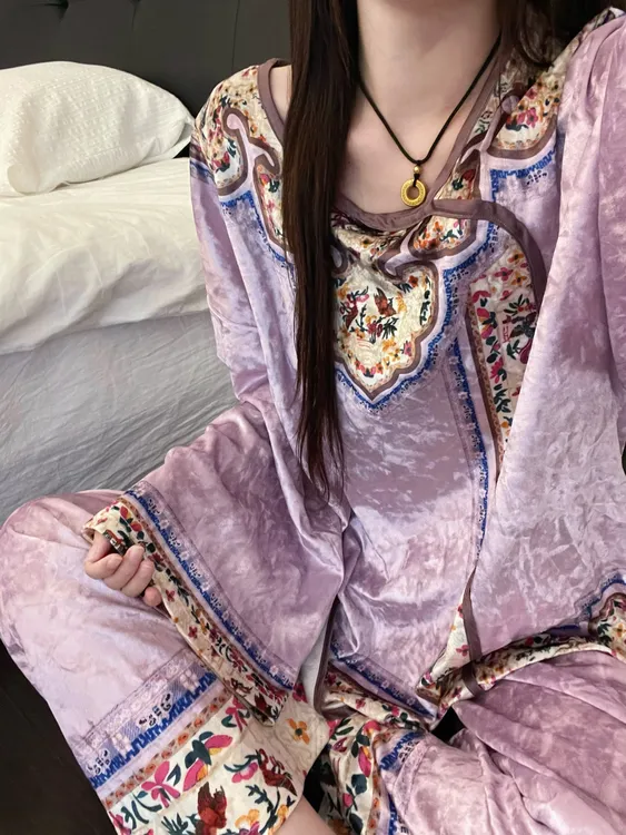 中国风甜美紫色花卉金丝绒睡衣女冬新款大码亲肤舒适家居服可外穿