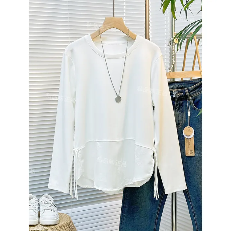 私品味白色秋季长袖上衣女装T禅意仙气飘飘百搭气质打底衫L93325