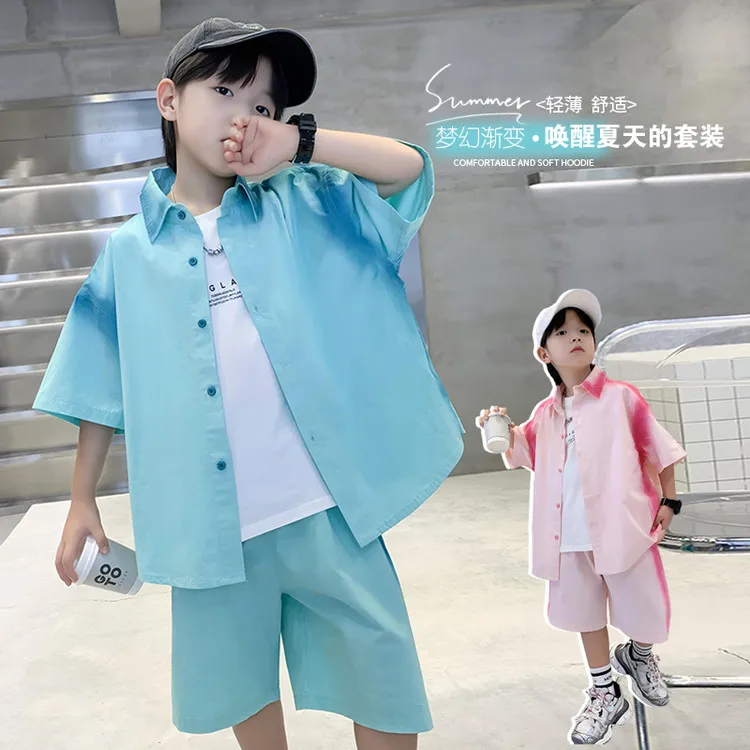 洋气男童夏季衬衫套装儿童夏装两件套中大童帅气6-12岁男孩痞帅潮