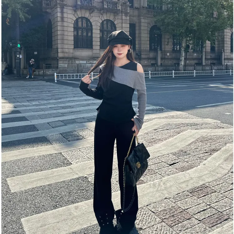 敏敏&南岛风大码女装假两件针织上衣胖mm高腰牛仔裤套装ZZM305