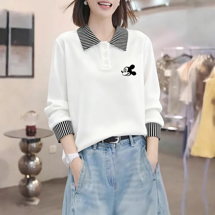 春秋网红时尚炸街新款女装打底衫法式条纹POLO领上衣宽松德绒T恤