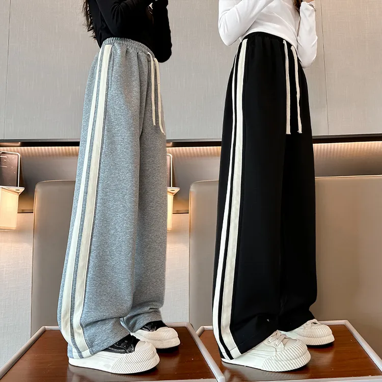 女童裤子2025春秋新款儿童条纹运动休闲裤洋气女孩秋装阔腿裤卫裤