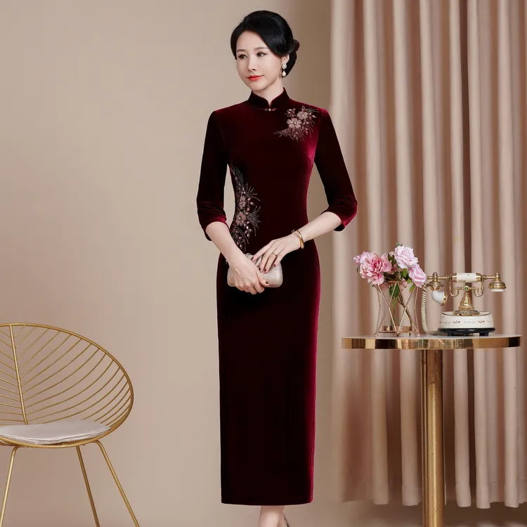 秋冬新款修身改良版丝绒旗袍F118喜结婚婆婆喜妈妈敬酒服长款中袖