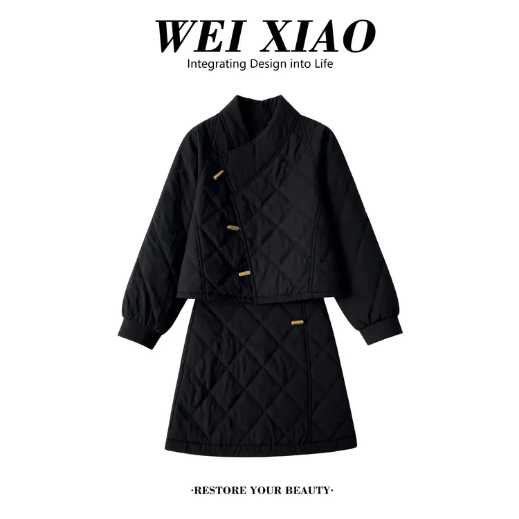 高级感小个子通勤套装2025冬新款轻国风气质短上衣+半裙加棉套装