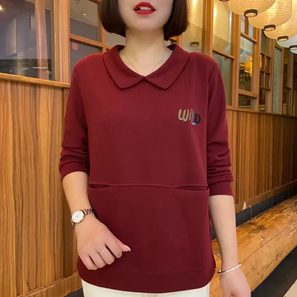 百搭长袖秋季宽松女士秋季方领宽松卫衣减龄娃娃领