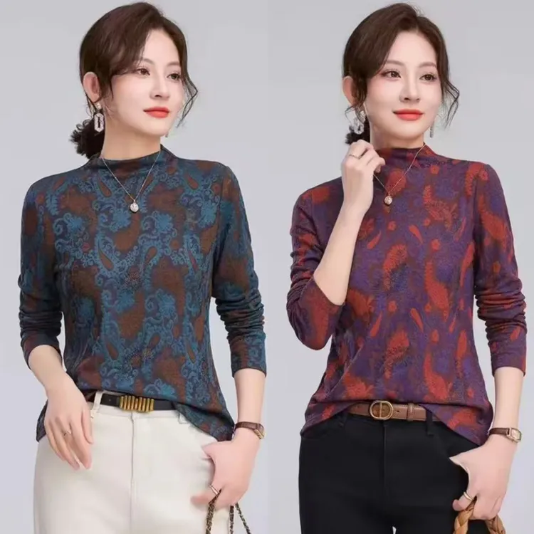 烫钻高档妈妈加绒打底衫厚款磨毛女士长袖上衣显瘦【精致·提花】