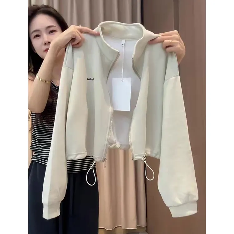 法式纯色长袖圆领拉链乳白色上衣女2025早秋新款短款时尚卫衣外套